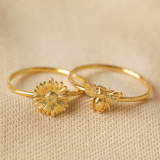 Set of 2 Daisy and Bee Stacking Rings in Gold