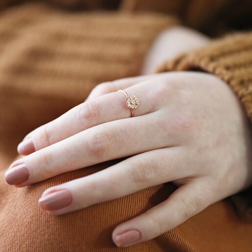 Model Wearing Bee Ring From Set of 2 Daisy and Bee Stacking Rings in Rose Gold