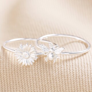Set of 2 Daisy and Bee Stacking Rings in Silver