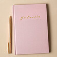 Front Cover of Personalised Script Name Notebook in Pink with Pen