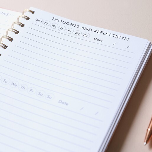 Pink Floral Positivity Planner Page Open on Thoughts and Reflections