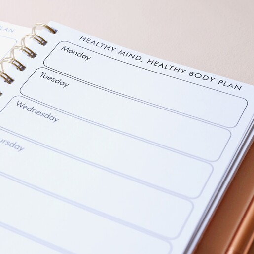 Pink Floral Positivity Planner Open on Healthy Mind Healthy Body Plan