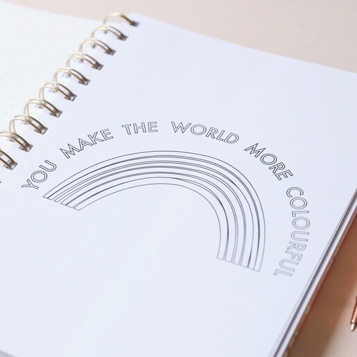 Pink Floral Positivity Planner Open on Rainbow Quote Page