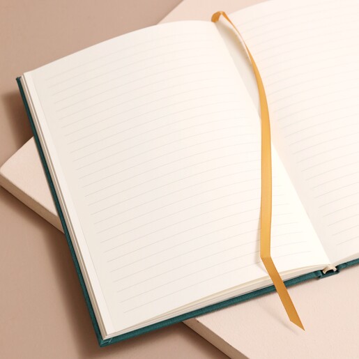 Teal Bee Fabric Notebook Open with ribbon marker in middle page