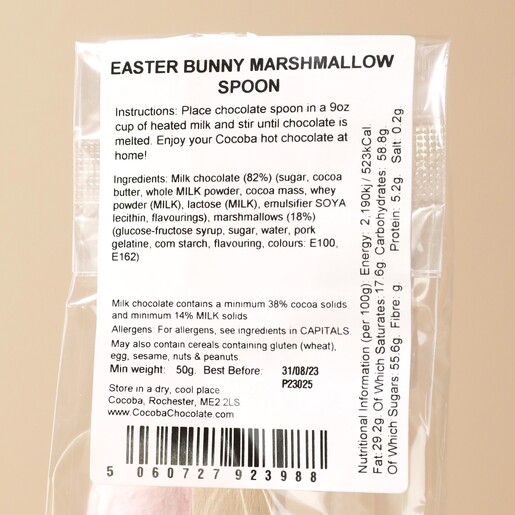Close Up of Back of Cocoba Easter Bunny Hot Chocolate Spoon Packaging Showing Ingredients
