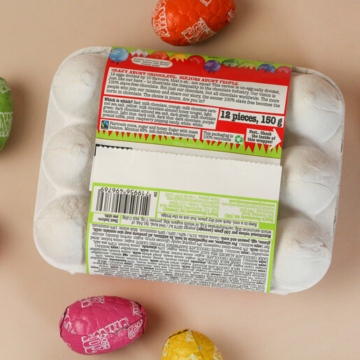 Back of Tony's Chocolonely Box of Mini Easter Eggs Packaging Showing Ingredients List