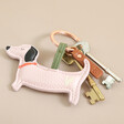 Caroline Gardner Vegan Leather Pale Pink Sausage Dog Keyring Attached to Bunch of Keys