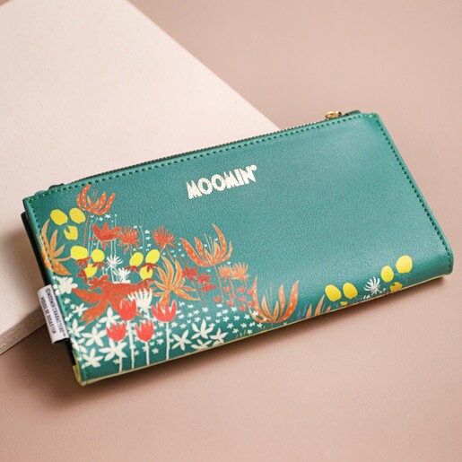 Back of House of Disaster Moomin Hillside Wallet on pink background