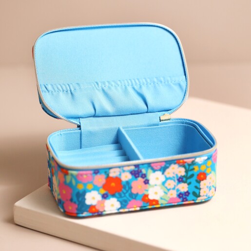 Estella Bartlett Mini Floral Jewellery Case in Blue Open with no jewellery inside