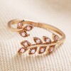 Adjustable Sterling Silver Crystal Fern Leaf Ring in Rose Gold on Neutral Fabric