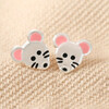 Sterling Silver Mouse Stud Earrings on Neutral Fabric