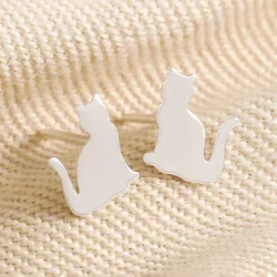 Sterling Silver Shiny Cat Stud Earrings