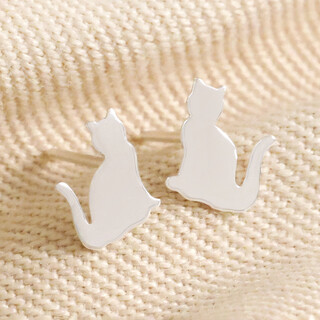 Sterling Silver Shiny Cat Stud Earrings