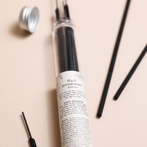 Safety information on back of East of India Black Pomegranate Incense Sticks jar