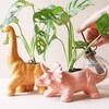 Model Watering Plants in Mustard Diplodocus Dinosaur Planter and Pink Triceratops Planter