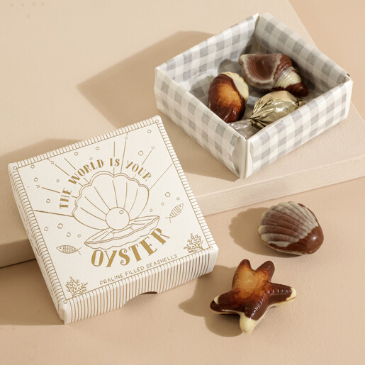 The World Is Your Oyster Praline Seashell Chocolates The World Is Your Oyster Praline Seashell Chocolates on Neutral Background