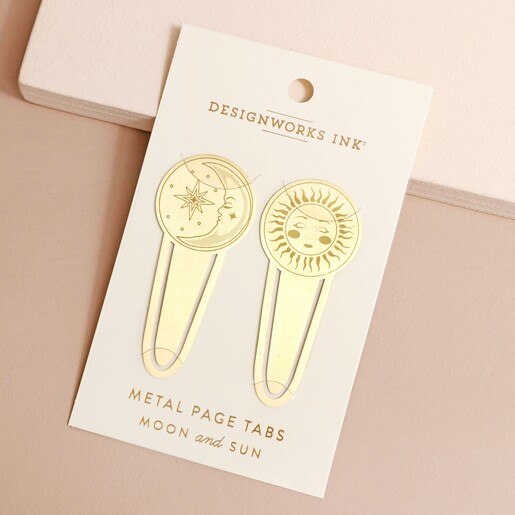 Designworks Ink Celestial Metal Bookmarks Duo in Packaging on Nude background 