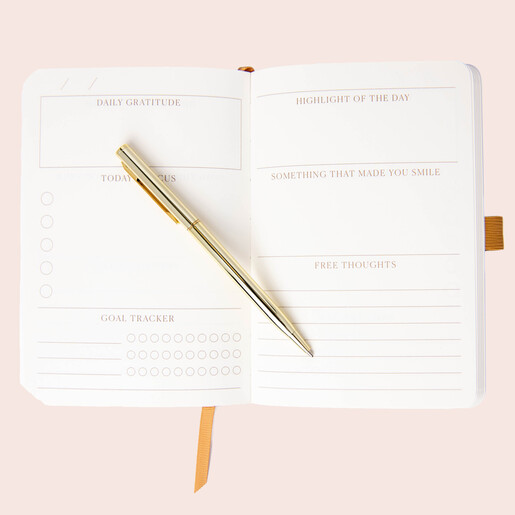 Inside of Designworks Ink Gingham Gratitude Journal with gold pen over pages