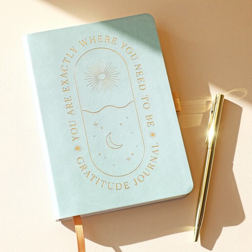 Designworks Ink Gratitude Journal on Beige Backdrop with Gold Pen