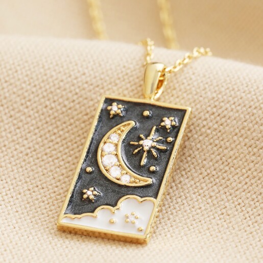 Close Up of Pendant on Crystal Enamel Moon Tarot Card Necklace in Gold