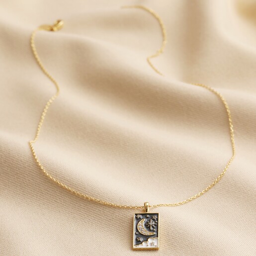 Crystal Enamel Moon Tarot Card Necklace in Gold Full Length on Neutral Fabric