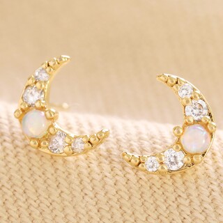 Crystal and Opal Crescent Moon Stud Earrings in Gold