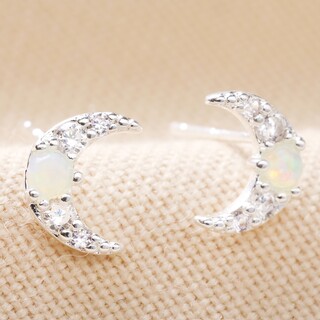 Crystal and Opal Crescent Moon Stud Earrings in Silver