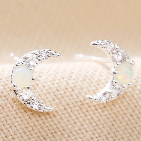 Crystal & Opal Moon Stud Earrings Silver