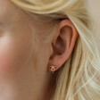 Close Up of Model Wearing Crystal Pizza Stud Earrings in Gold