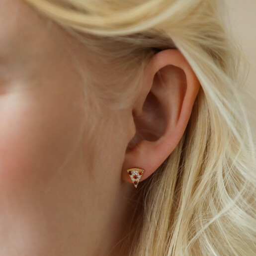 Earrings on Model Close Up of Model Wearing Crystal Pizza Stud Earrings in Gold