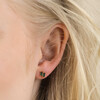 Close Up of Model Wearing Emerald Green Stone Stud Earrings in Gold