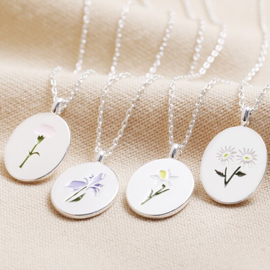 Enamel Birth Flower Necklace in Silver - February Iris