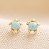 Green Opal Turtle Stud Earrings in Gold on Neutral Coloured Fabric