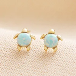 Green Opal Turtle Stud Earrings in Gold