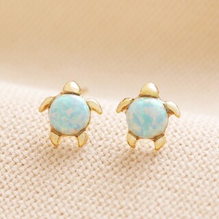 Green Opal Turtle Stud Earrings in Gold