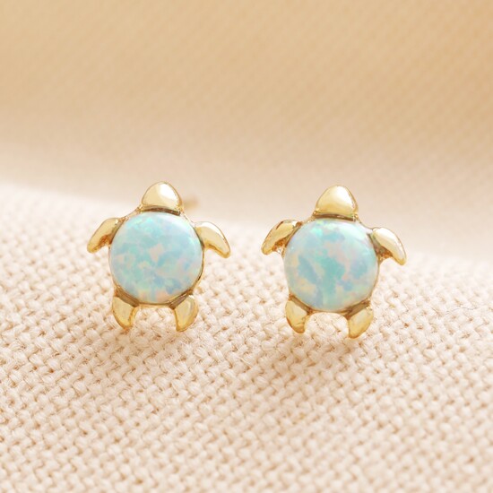 Green Opal Turtle Stud Earrings Gold