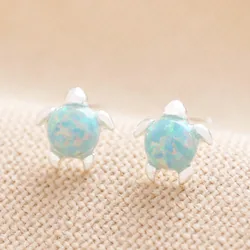 Green Opal Turtle Stud Earrings in Silver