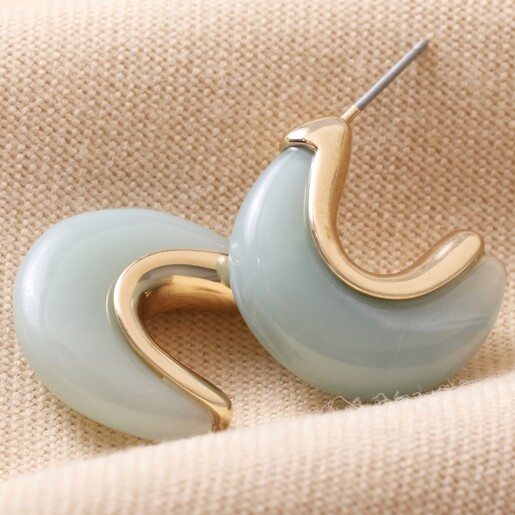 Mint Green Organic Resin Hoop Earrings in Gold on Beige Coloured Fabric
