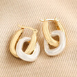 Mixed Metal Oval Link Huggie Hoop Earrings in Gold on beige coloured fabric