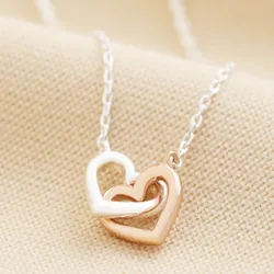 Mixed Metal Tiny Interlocking Hearts Necklace in Silver