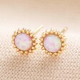 Pink Opal Flower Stud Earrings in Gold on Neutral Fabric
