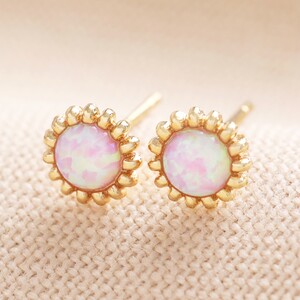 Pink Opal Flower Stud Earrings Gold