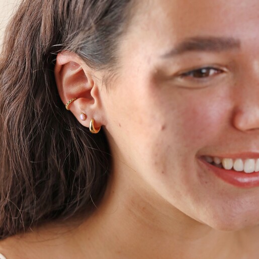 Curated Ear on Model Pink Opal Flower Stud Earrings in Gold on Model Smiling