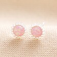 Pink Opal Flower Stud Earrings in Silver on Neutral Coloured Fabric