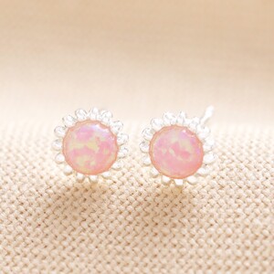 Pink Opal Flower Stud Earrings Silver