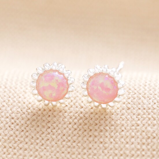 Pink Opal Flower Stud Earrings Silver