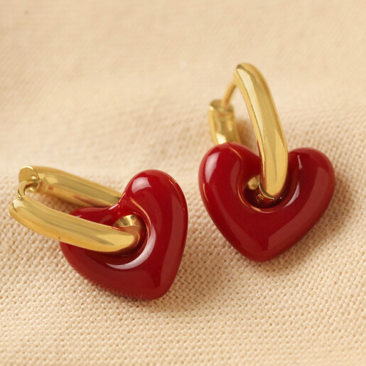 Red Resin Heart Huggie Hoop Earrings in Gold