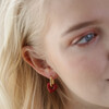 Model Wearing Red Resin Heart Huggie Hoop Earrings in Gold