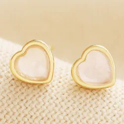 Rose Quartz Heart Stud Earrings in Gold