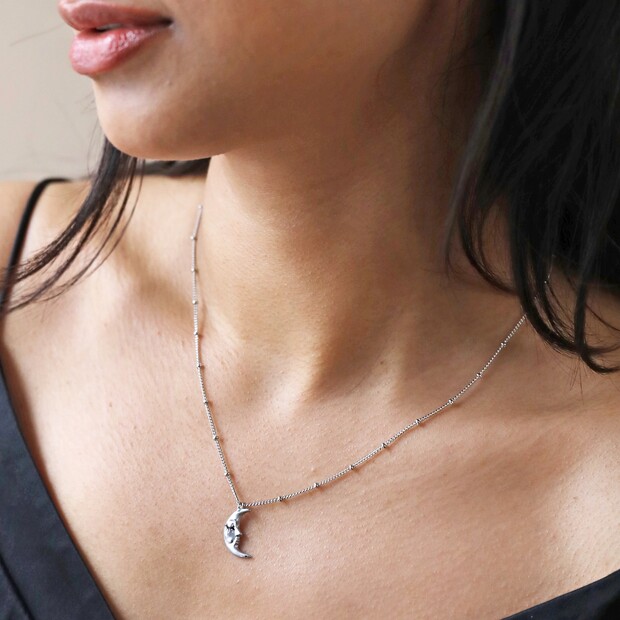 Sleeping Moon Pendant Necklace in Silver | Lisa Angel